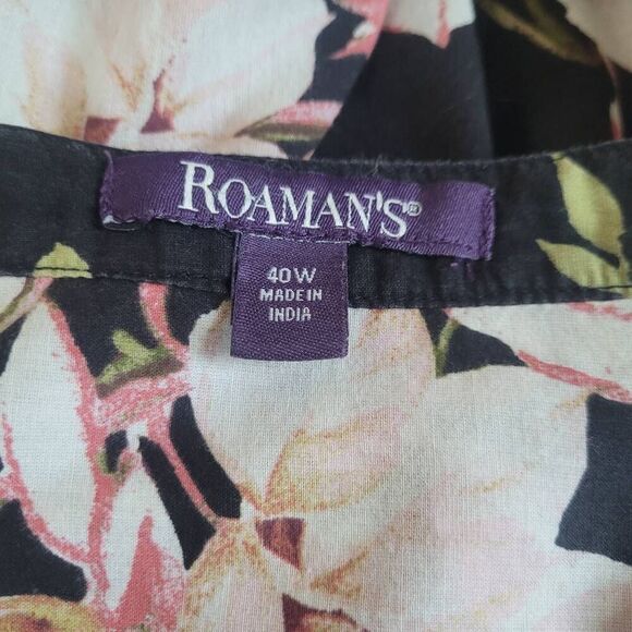 Roaman's 40W 100% cotton dark floral print pleated front button up blouse cottag - Picture 5 of 9